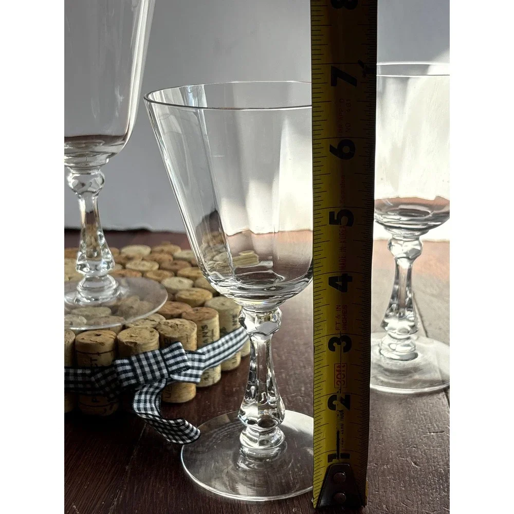 Set of 3‎ Vintage Clear Glass Paneled Wine Goblets Faceted Baluster Stem 6.25